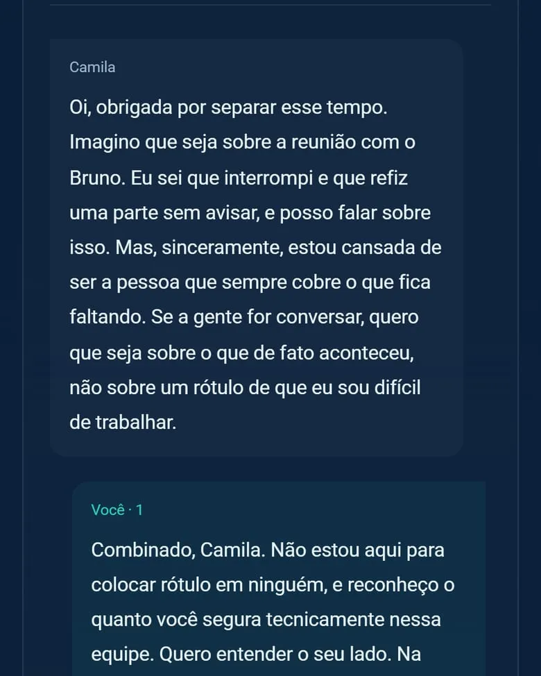 Tela da demonstração da vertho.ai: Conversa com a Camila, personagem da IA, num treino de liderança
