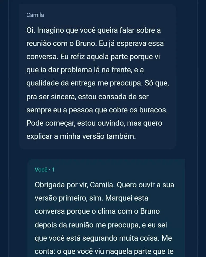 Tela da demonstração da vertho.ai: Conversa com a Camila, personagem da IA, num treino de liderança