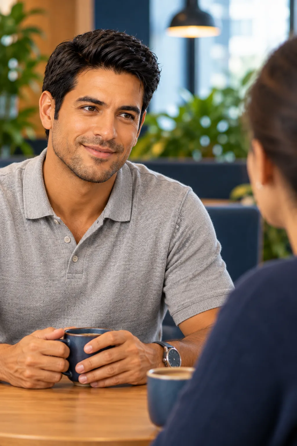 Beto escuta com atenção numa conversa individual, com um café sobre a mesa.